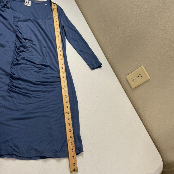 Halston Heritage Sheath Dress Sz 2 Blue Ruched 3/4 Sleeve Scoop Neck Silk Blend - Picture 11 of 13